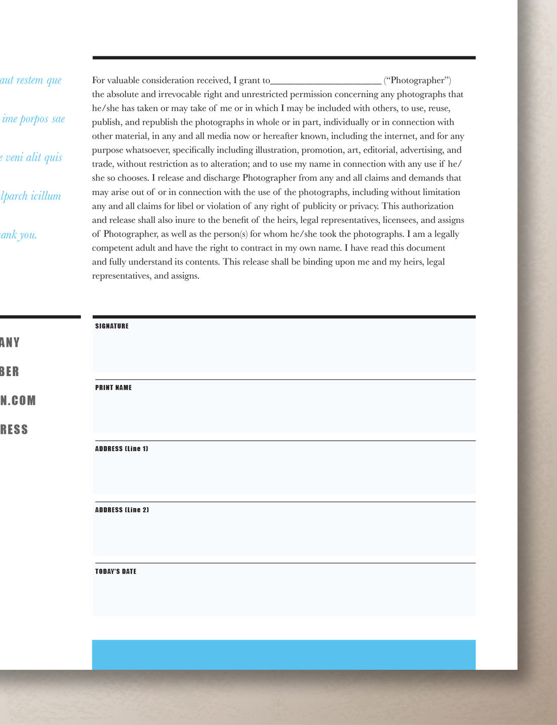 Printable Photography Contract, Model Release, Permission Form