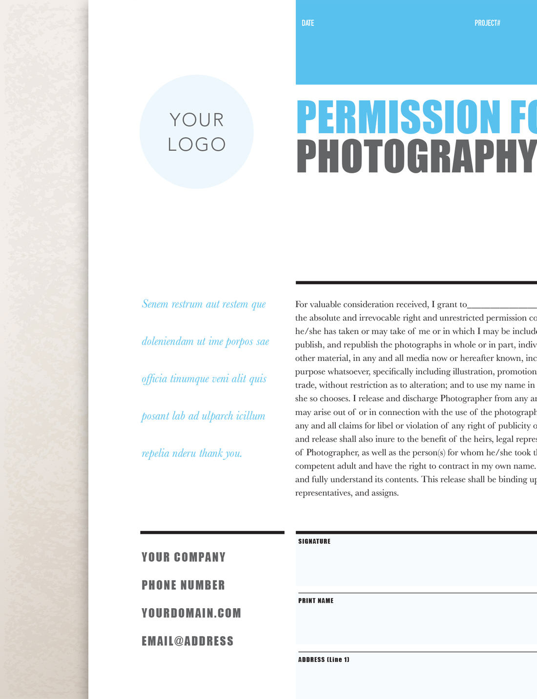 Printable Photography Contract, Model Release, Permission Form