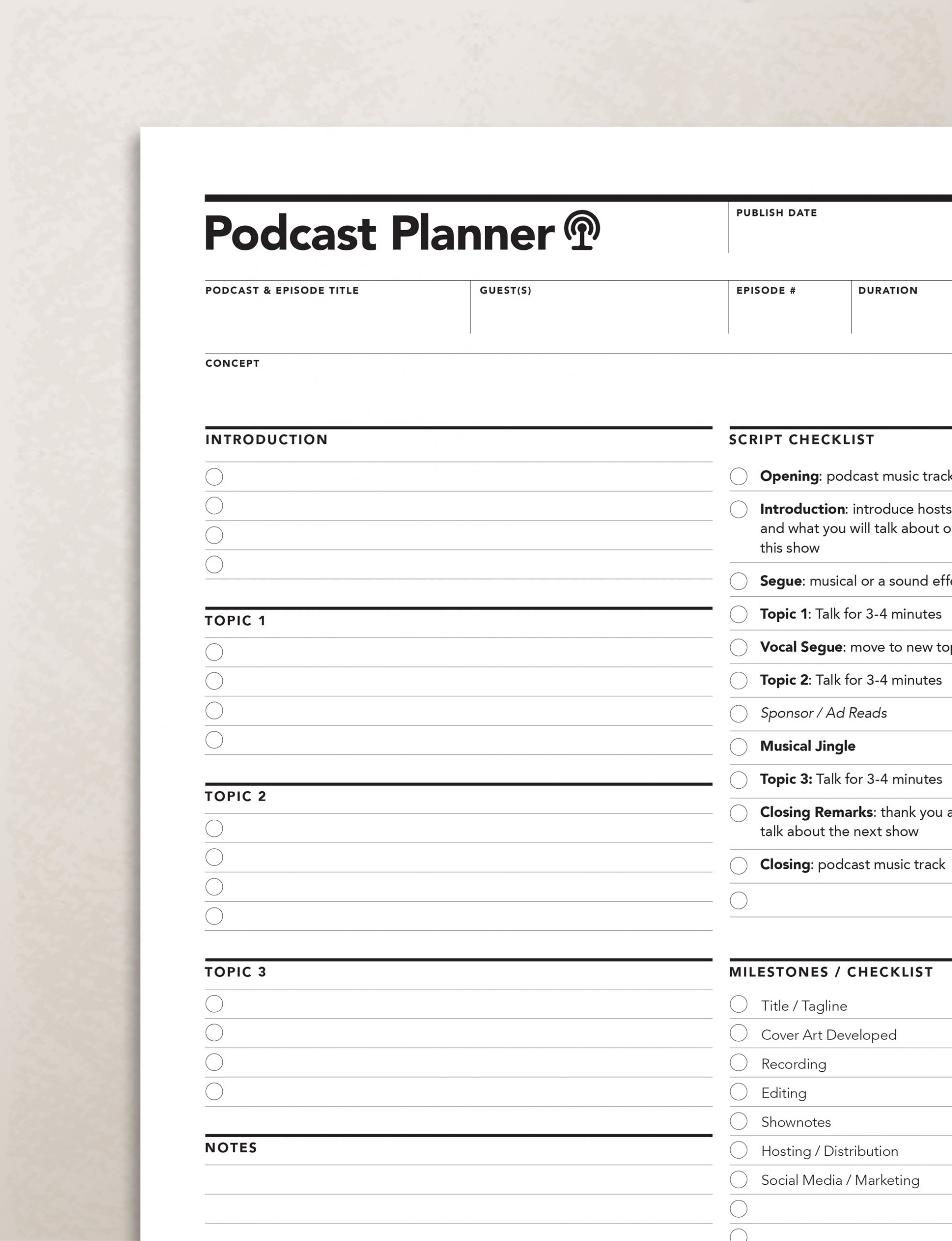 Podcast Content Planner Worksheet Rumble Design Store